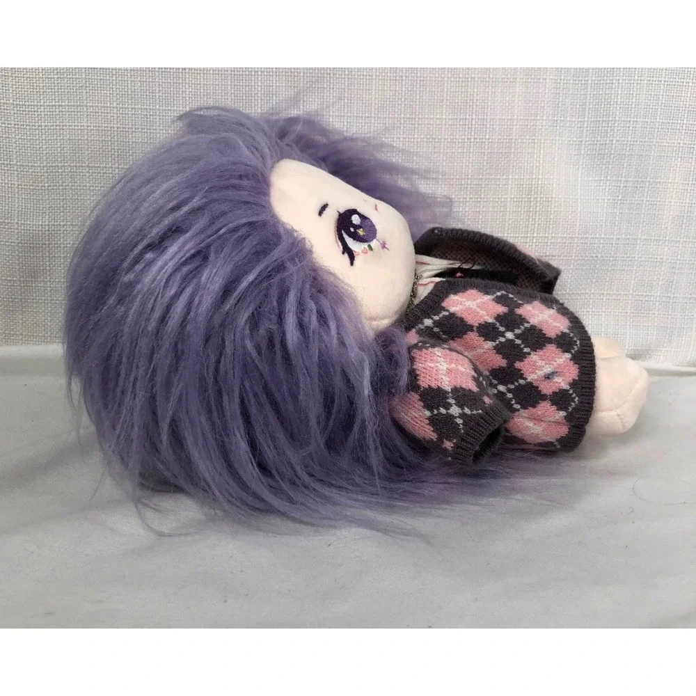 Celimon Plush Doll Lavender Hair Goth Argyle Cardigan Purple Eyes 8 inch